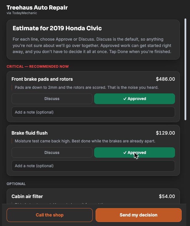 The customer's review page on their phone, with the two critical lines approved in green and the optional cabin air filter still to decide.