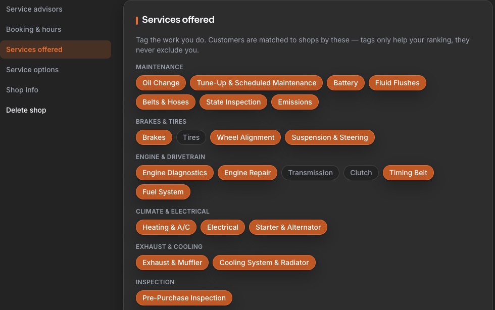 The Services offered screen in Shop setup, with work tagged across Maintenance, Brakes and tires, Engine and drivetrain, Climate and electrical, Exhaust and cooling, and Inspection.